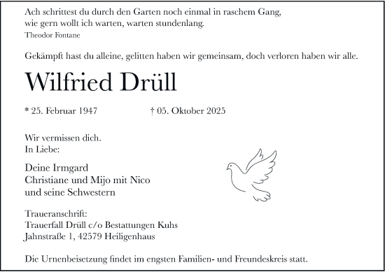 Traueranzeige von Wilfried Drüll von Tageszeitung