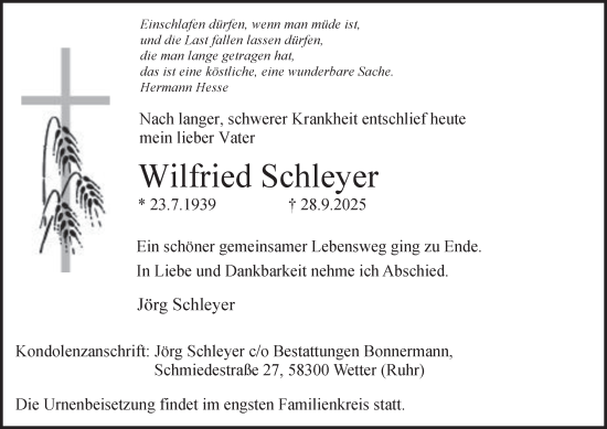 Traueranzeige von Wilfried Schleyer von Tageszeitung