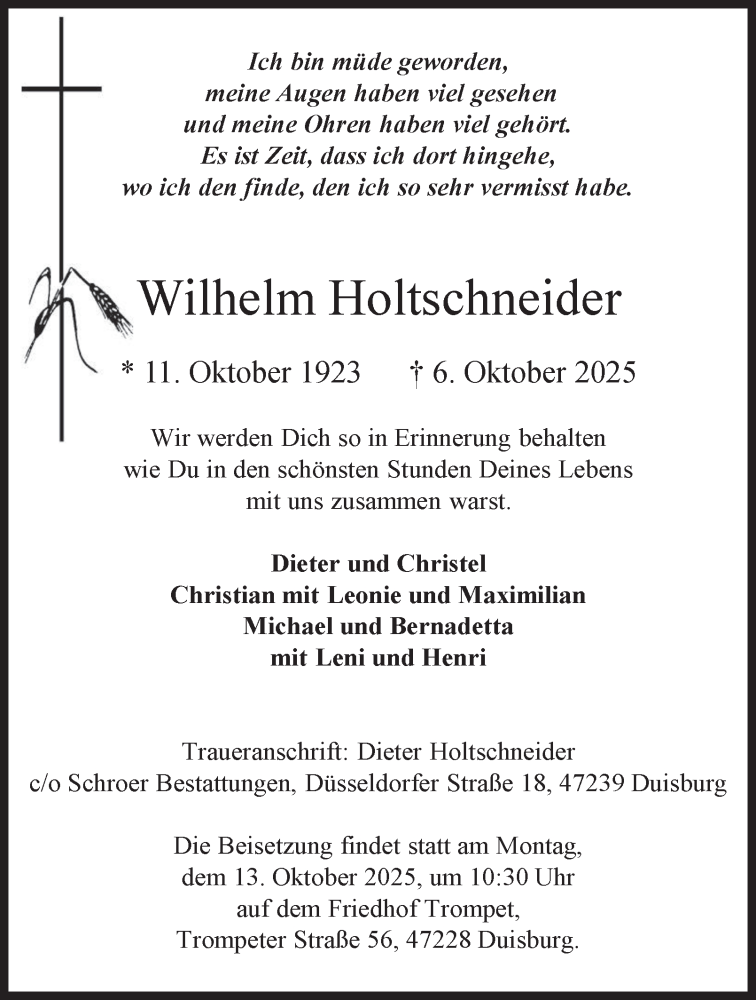  Traueranzeige für Wilhelm Holtschneider vom 11.10.2025 aus Tageszeitung