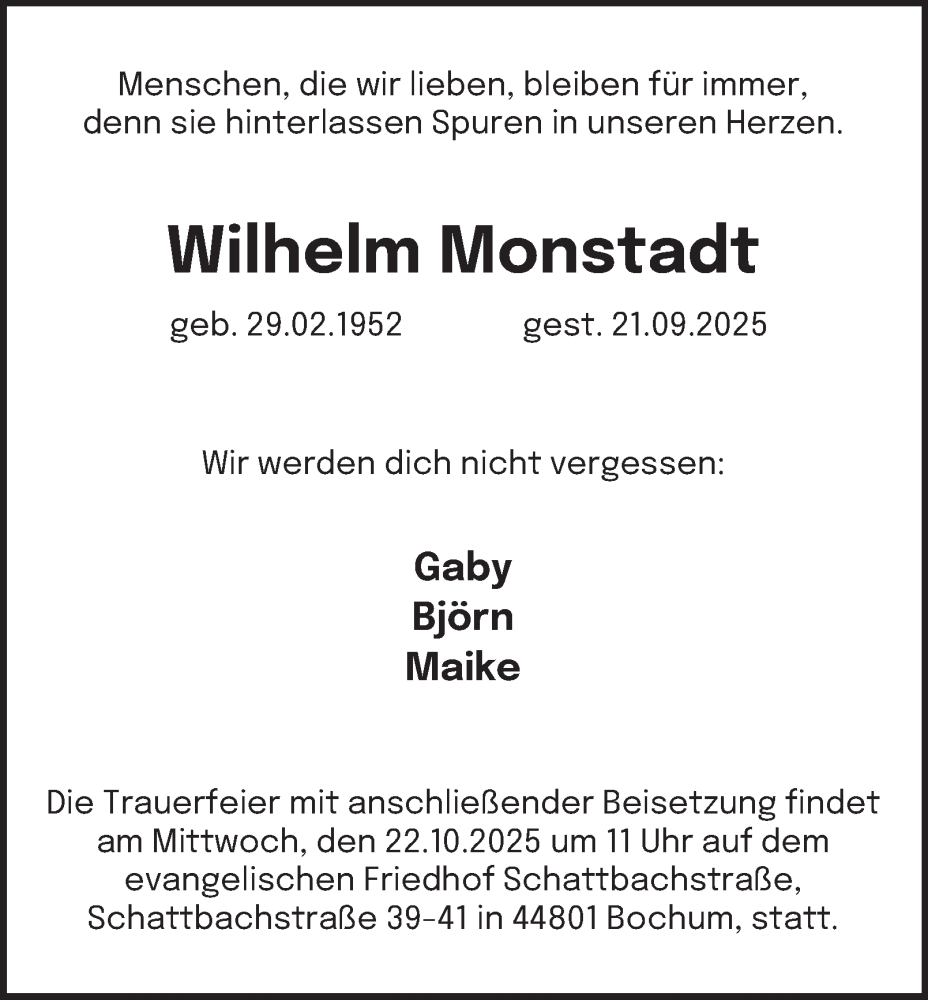  Traueranzeige für Wilhelm Monstadt vom 11.10.2025 aus Tageszeitung