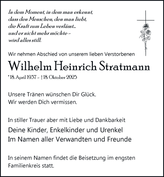 Traueranzeige von Wilhelm Heinrich Stratmann von Tageszeitung
