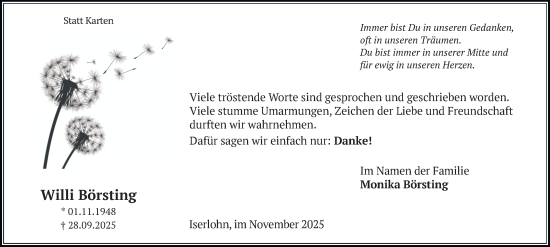 Traueranzeige von Willi Börsting von Tageszeitung