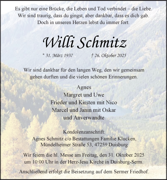 Traueranzeige von Willi Schmitz von Tageszeitung