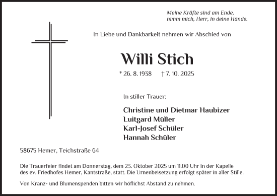 Traueranzeige von Willi Stich von Tageszeitung