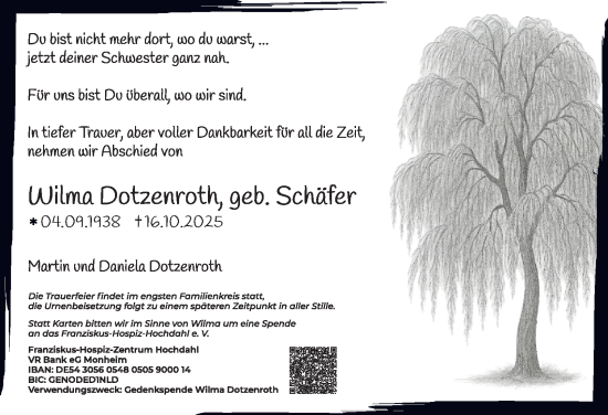 Traueranzeige von Wilma Dotzenroth von Tageszeitung