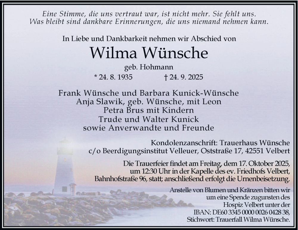  Traueranzeige für Wilma Wünsche vom 04.10.2025 aus Tageszeitung