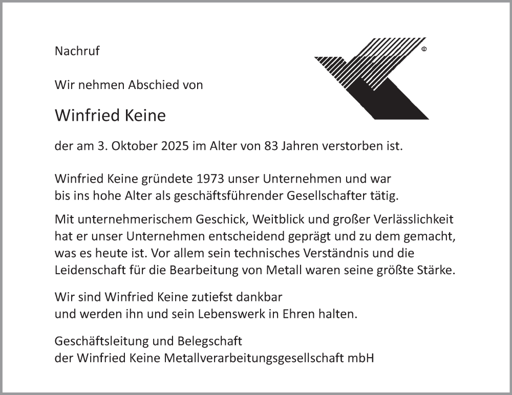  Traueranzeige für Winfried Keine vom 11.10.2025 aus Tageszeitung