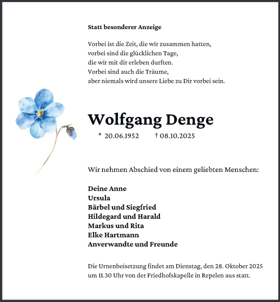 Traueranzeige von Wolfgang Denge von Tageszeitung