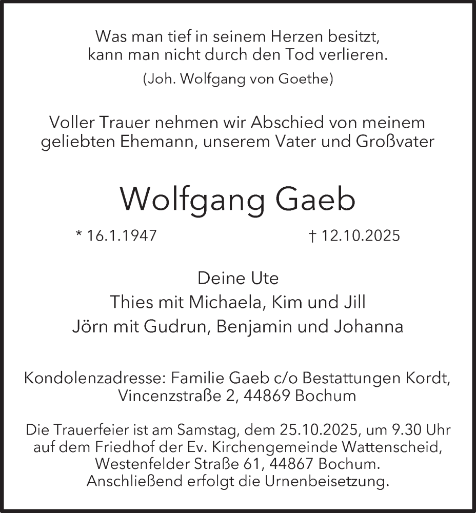  Traueranzeige für Wolfgang Gaeb vom 18.10.2025 aus Tageszeitung