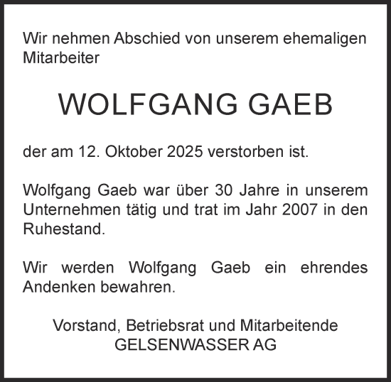 Traueranzeige von Wolfgang Gaeb von Tageszeitung