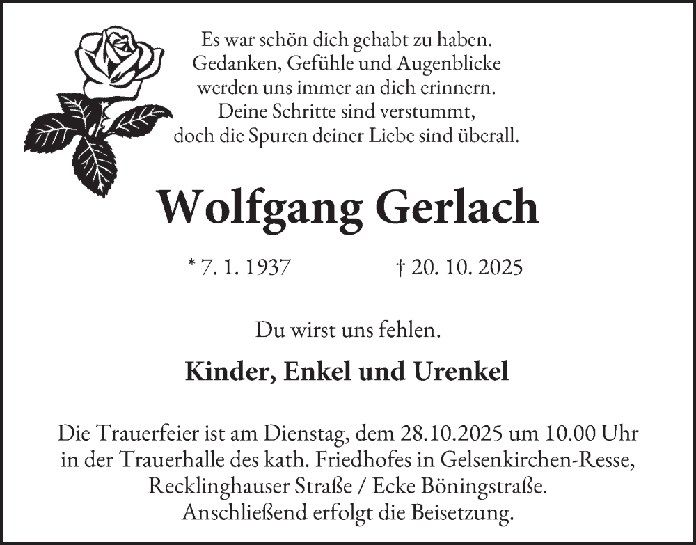  Traueranzeige für Wolfgang Gerlach vom 25.10.2025 aus Tageszeitung