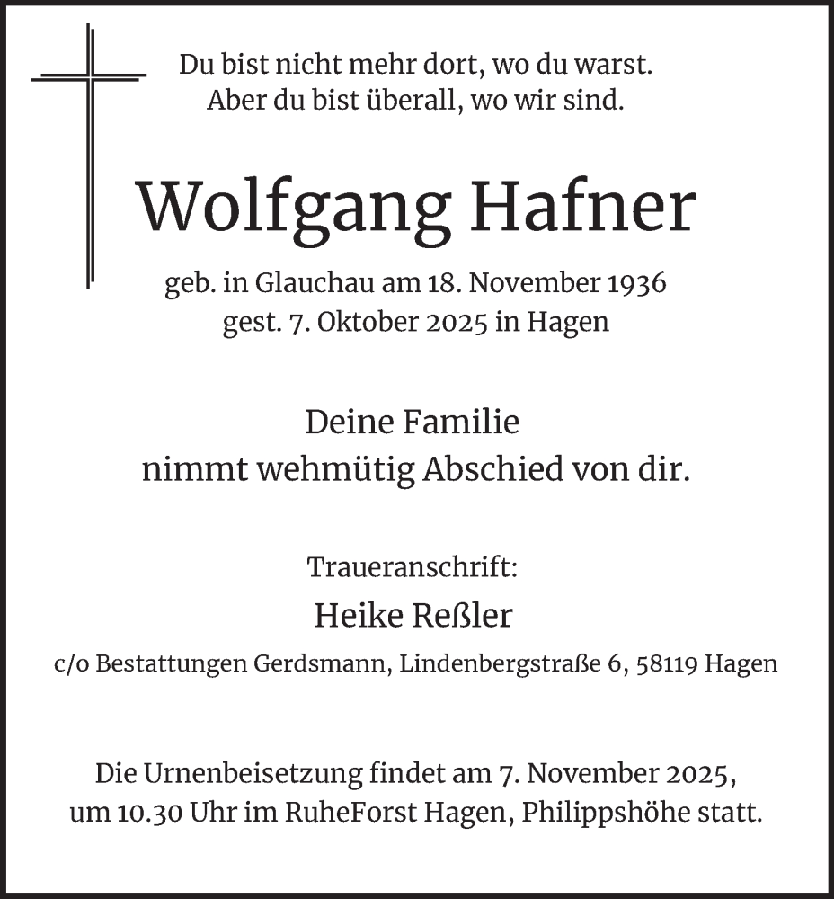  Traueranzeige für Wolfgang Hafner vom 01.11.2025 aus Tageszeitung