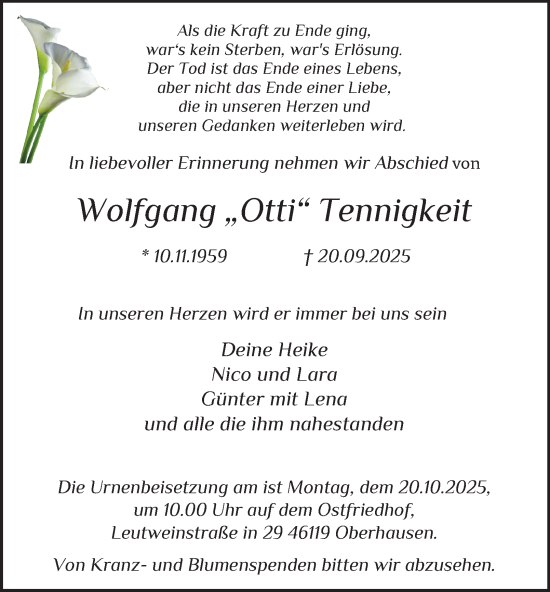 Traueranzeige von Wolfgang Tennigkeit von Tageszeitung