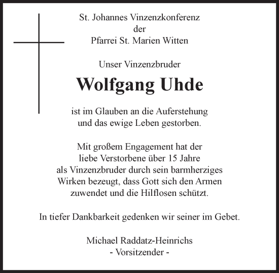 Traueranzeige von Wolfgang Uhde von Tageszeitung