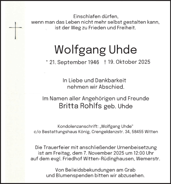 Traueranzeige von Wolfgang Uhde von Tageszeitung