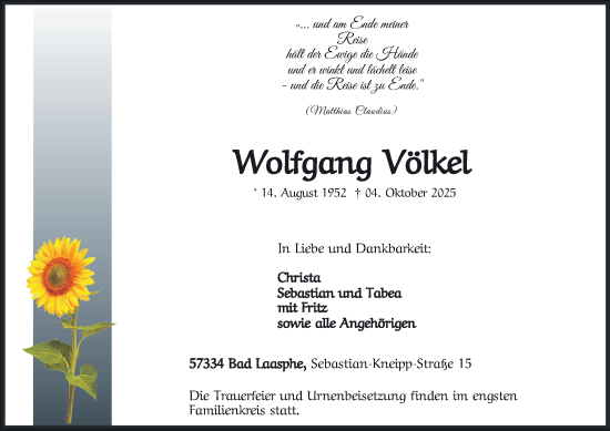 Traueranzeige von Wolfgang Völkel von Tageszeitung
