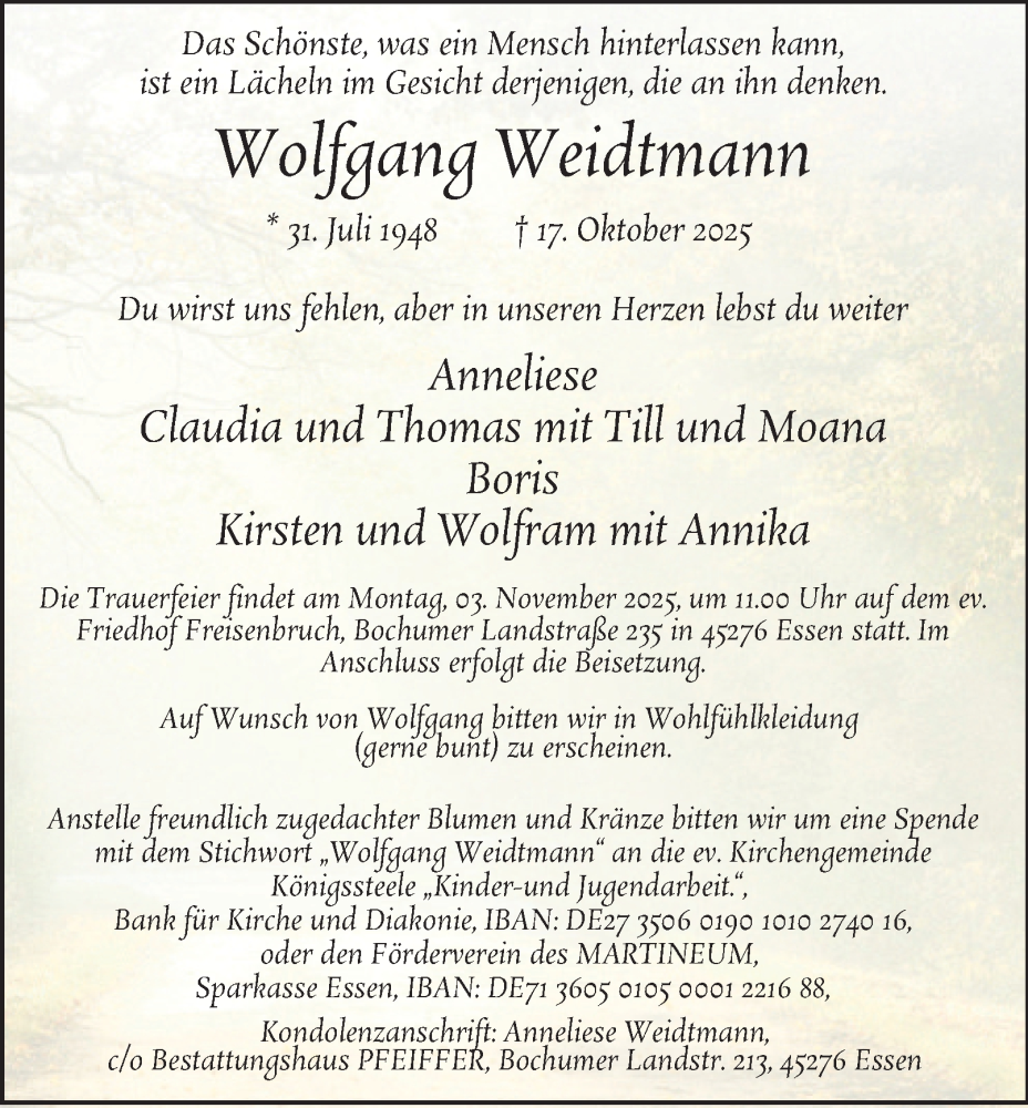  Traueranzeige für Wolfgang Weidtmann vom 25.10.2025 aus Tageszeitung