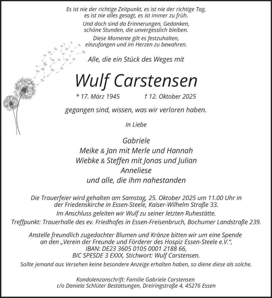  Traueranzeige für Wulf Carstensen vom 18.10.2025 aus Tageszeitung