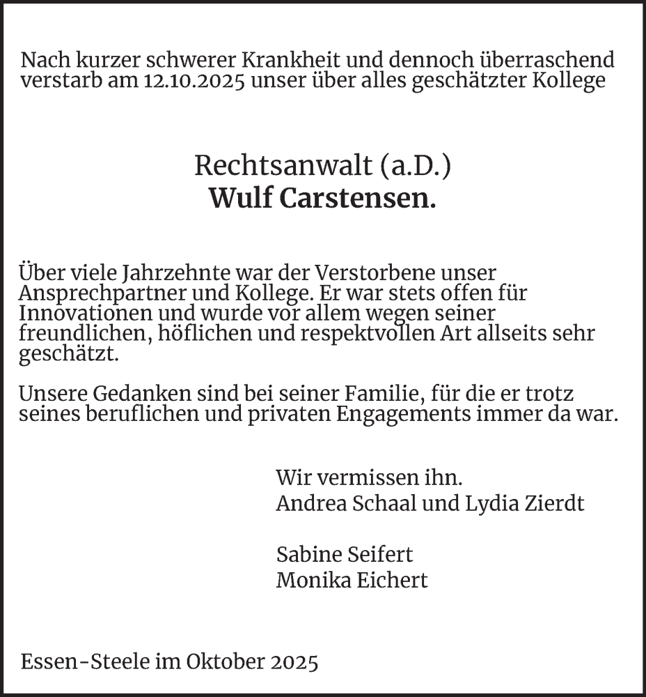  Traueranzeige für Wulf Carstensen vom 18.10.2025 aus Tageszeitung