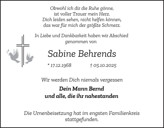 Traueranzeige von Sabine Behrends von Tageszeitung