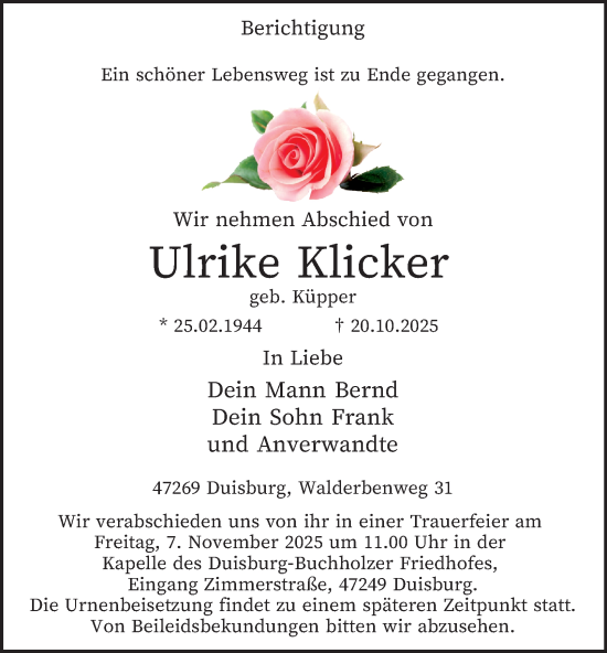 Traueranzeige von Ulrike Klicker von Tageszeitung
