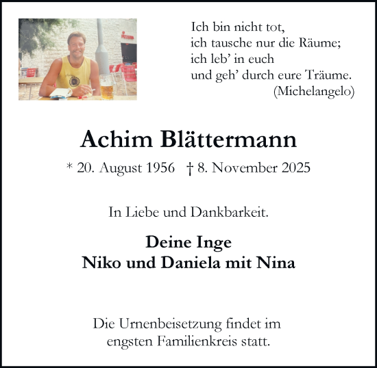 Traueranzeige von Achim Blättermann von Tageszeitung