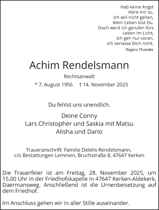 Traueranzeige von Achim Rendelsmann von Tageszeitung