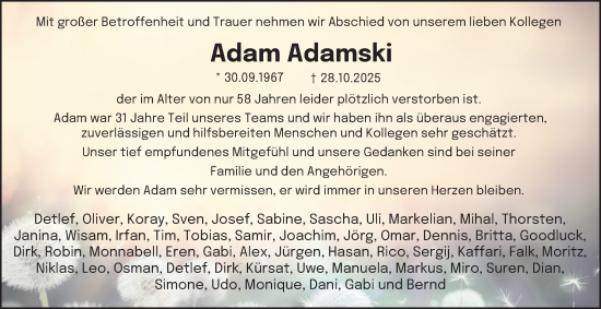 Traueranzeige von Adam Adamski von Tageszeitung