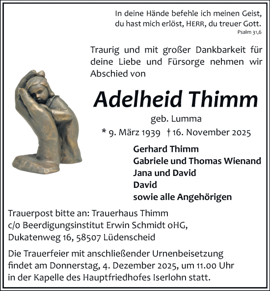 Traueranzeige von Adelheid Thimm von Tageszeitung