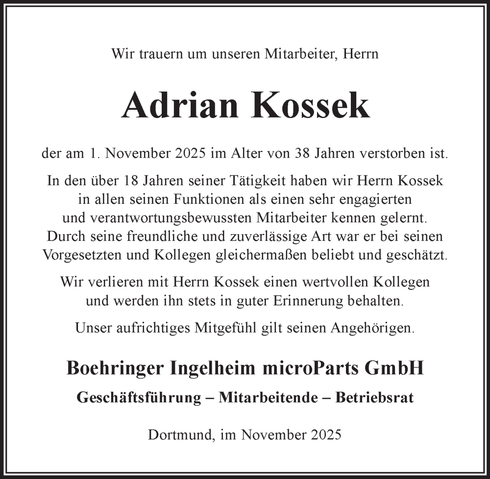  Traueranzeige für Adrian Kossek vom 08.11.2025 aus Tageszeitung