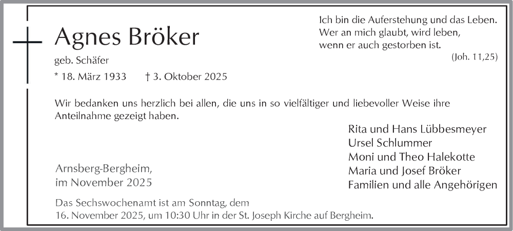  Traueranzeige für Agnes Bröker vom 08.11.2025 aus Tageszeitung