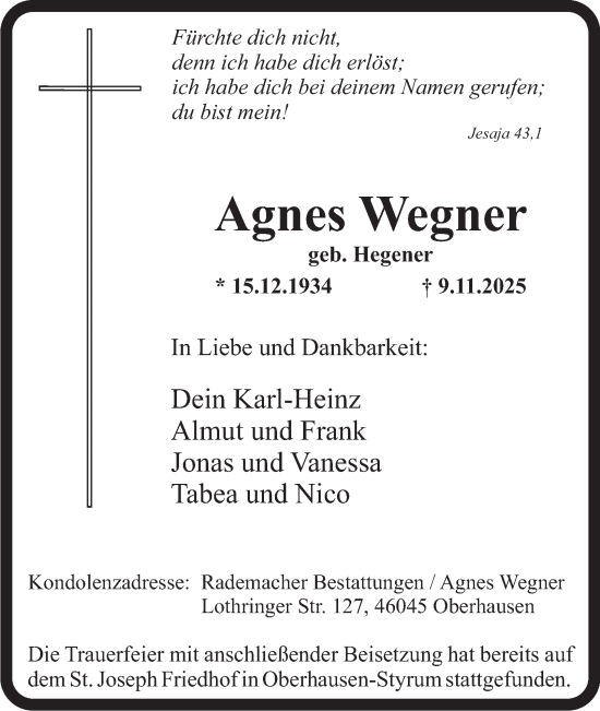 Traueranzeige von Agnes Wegner von Tageszeitung