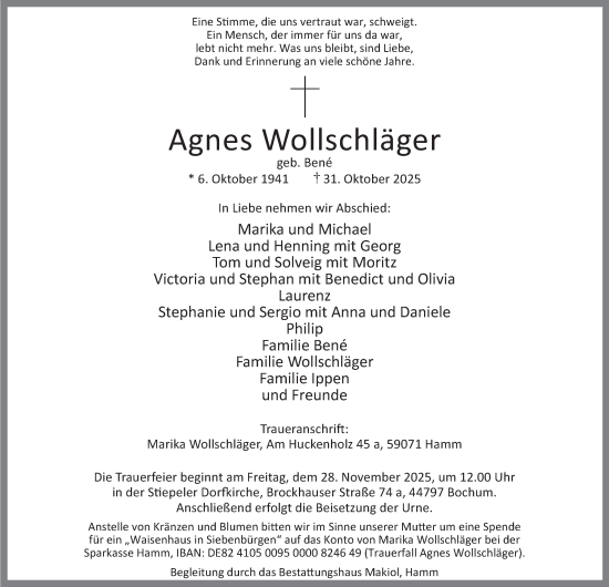 Traueranzeige von Agnes Wollschläger von Tageszeitung