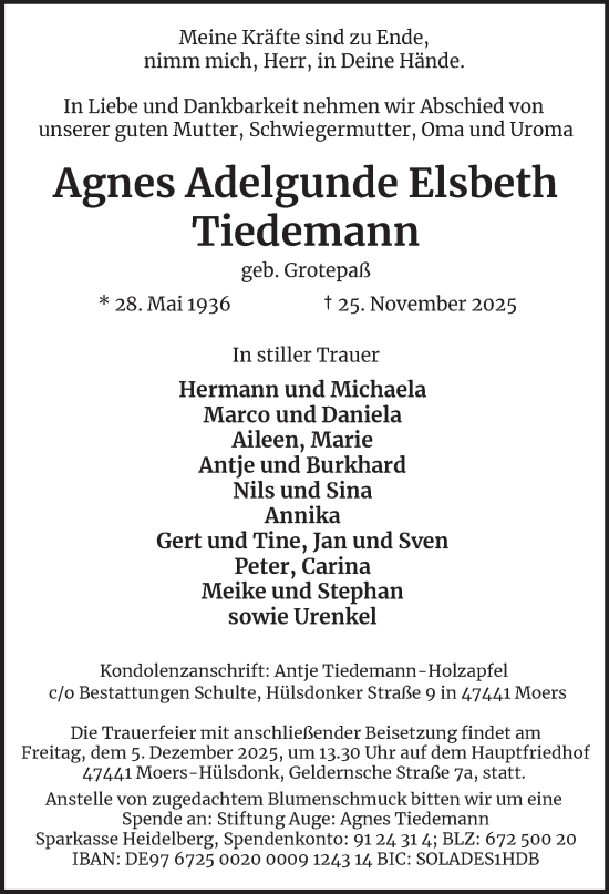 Traueranzeige von Agnes Adelgunde Elsbeth Tiedemann von Tageszeitung