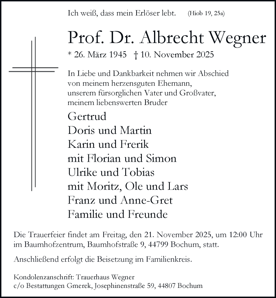  Traueranzeige für Albrecht Wegner vom 19.11.2025 aus Tageszeitung