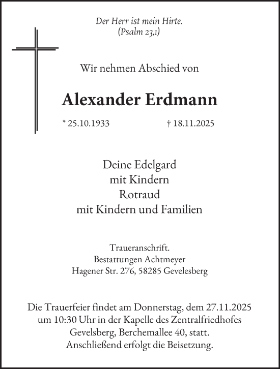 Traueranzeige von Alexander Erdmann von Tageszeitung