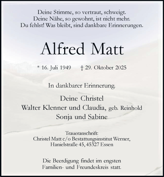 Traueranzeige von Alfred Matt von Tageszeitung