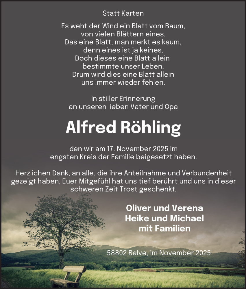  Traueranzeige für Alfred Röhling vom 29.11.2025 aus Tageszeitung