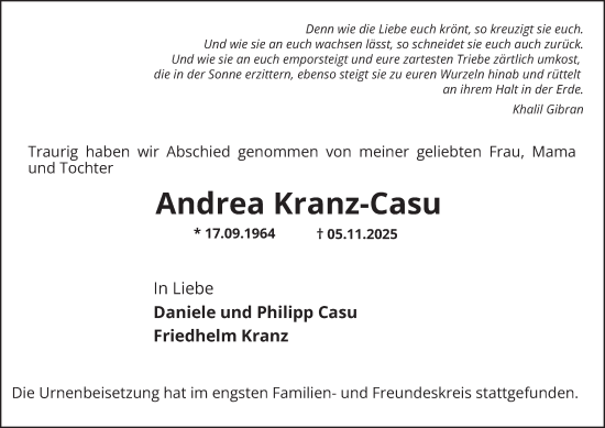 Traueranzeige von Andrea Kranz-Casu von Tageszeitung