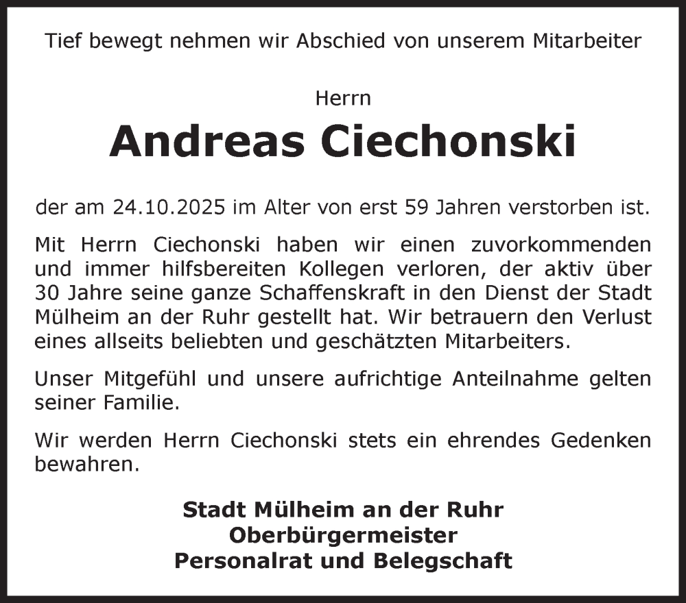  Traueranzeige für Andreas Ciechonski vom 22.11.2025 aus Tageszeitung