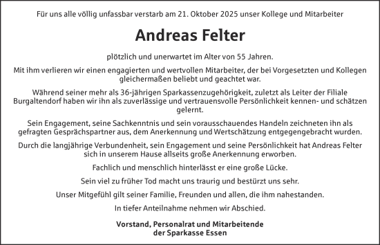 Traueranzeige von Andreas Felter von Tageszeitung