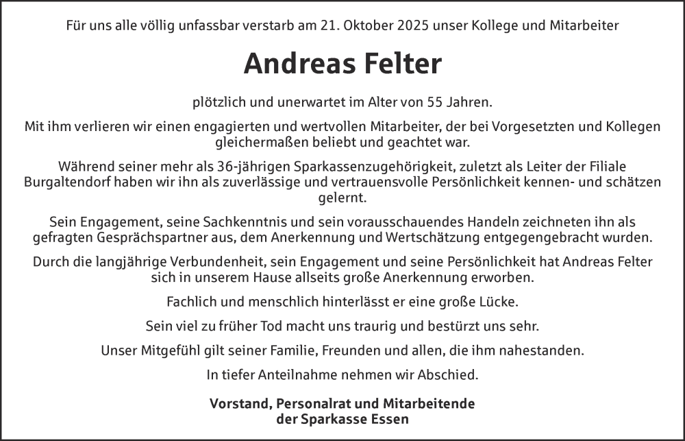  Traueranzeige für Andreas Felter vom 08.11.2025 aus Tageszeitung