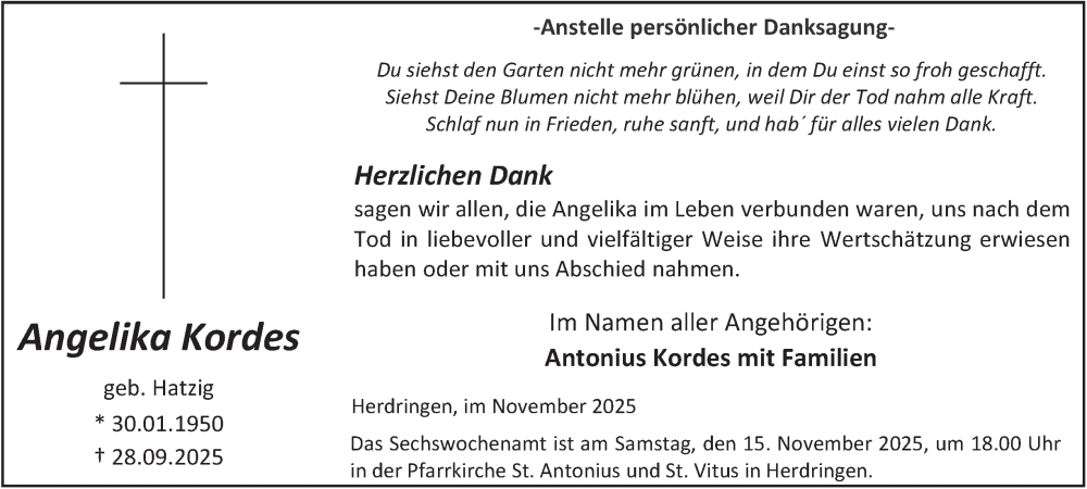  Traueranzeige für Angelika Kordes vom 08.11.2025 aus Tageszeitung