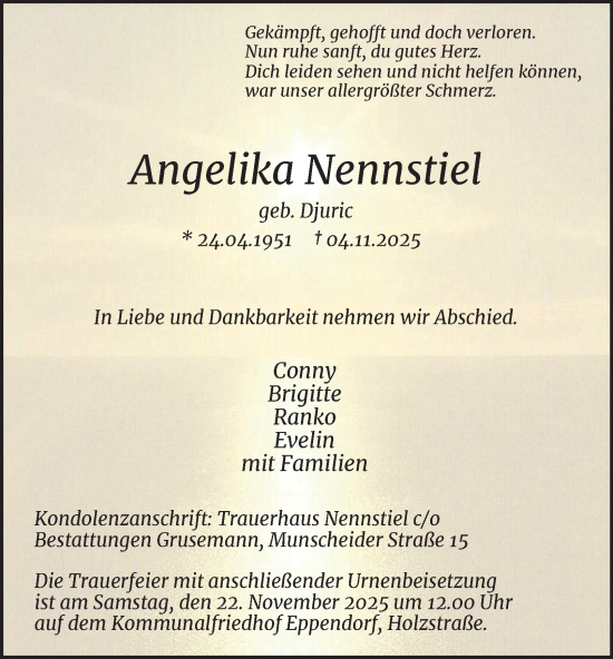 Traueranzeige von Angelika Nennstiel von Tageszeitung