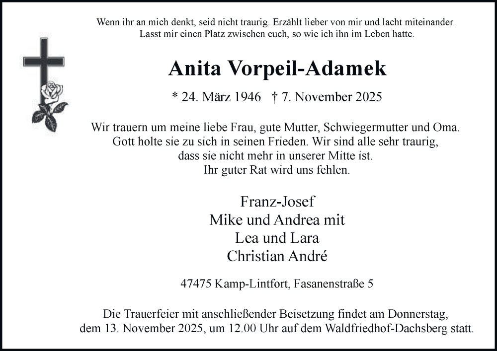  Traueranzeige für Anita Vorpeil-Adamek vom 12.11.2025 aus Tageszeitung