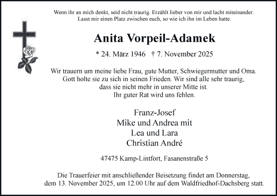 Traueranzeige von Anita Vorpeil-Adamek von Tageszeitung