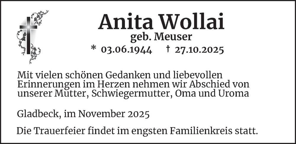  Traueranzeige für Anita Wollai vom 15.11.2025 aus Tageszeitung