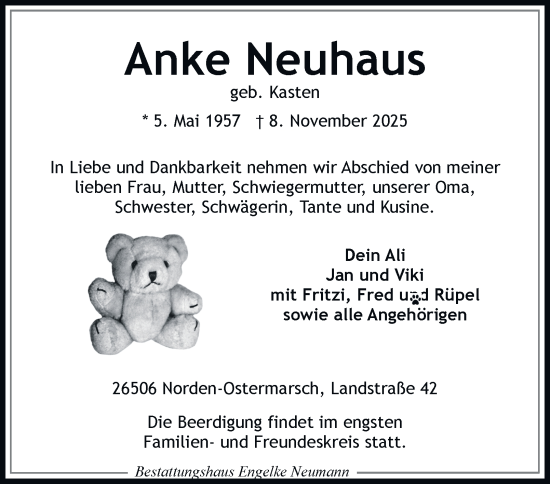 Traueranzeige von Anke Neuhaus von Tageszeitung