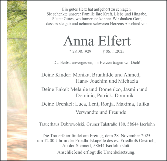 Traueranzeige von Anna Elfert von Tageszeitung