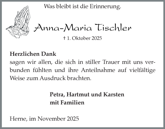 Traueranzeige von Anna-Maria Tischler von Tageszeitung